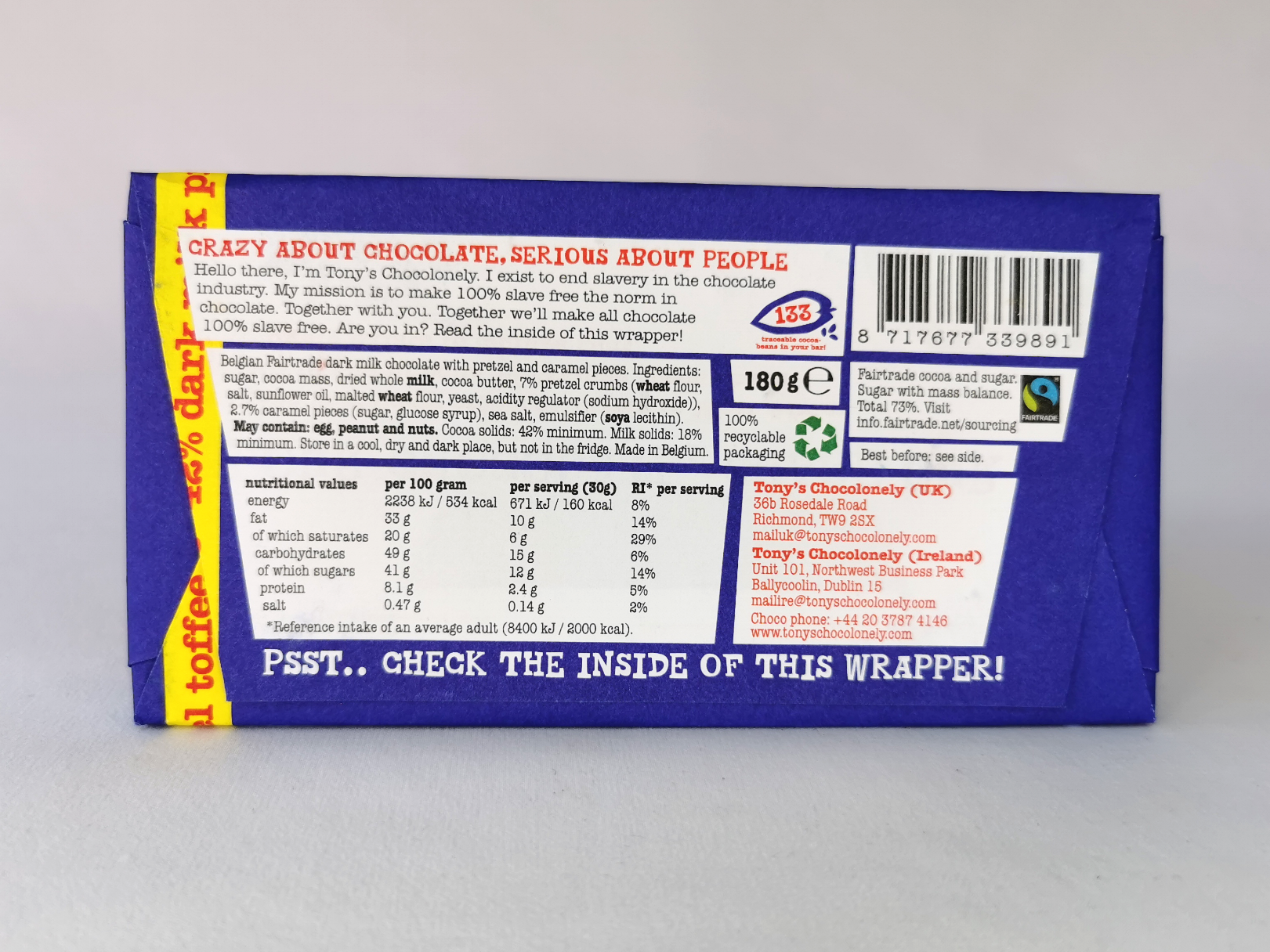 Tony's Chocolonely Dark Milk Toffee Pretzel Back