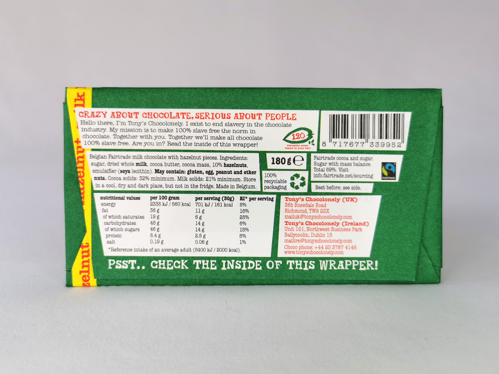 Tony's Chocolonely Milk Hazelnut 32% Chocolate Bar 180g - Image 2