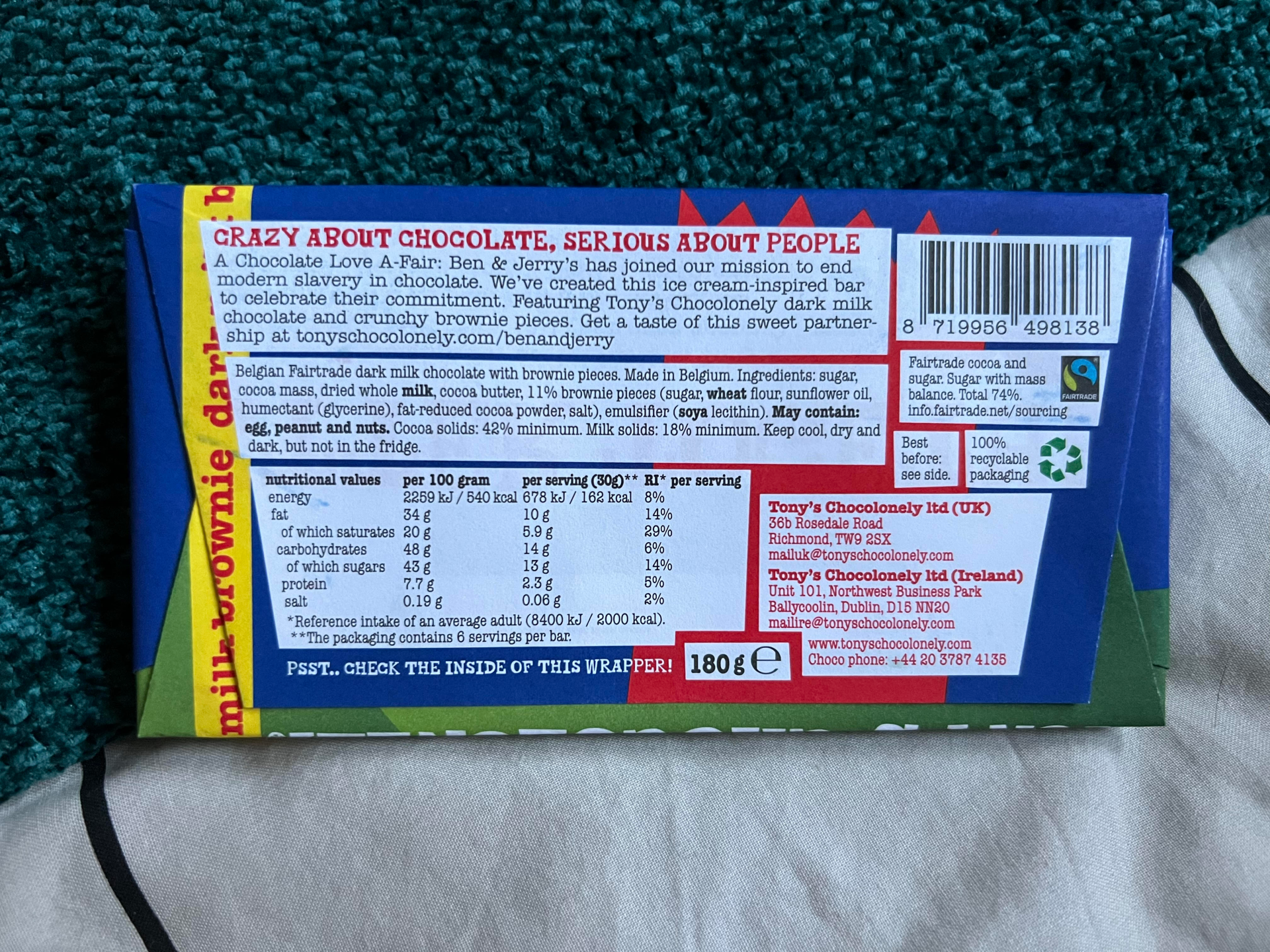 Tony’s Chocolonely x Ben and Jerry's Dark Milk Brownie 42% Chocolate Bar 180g - Image 2