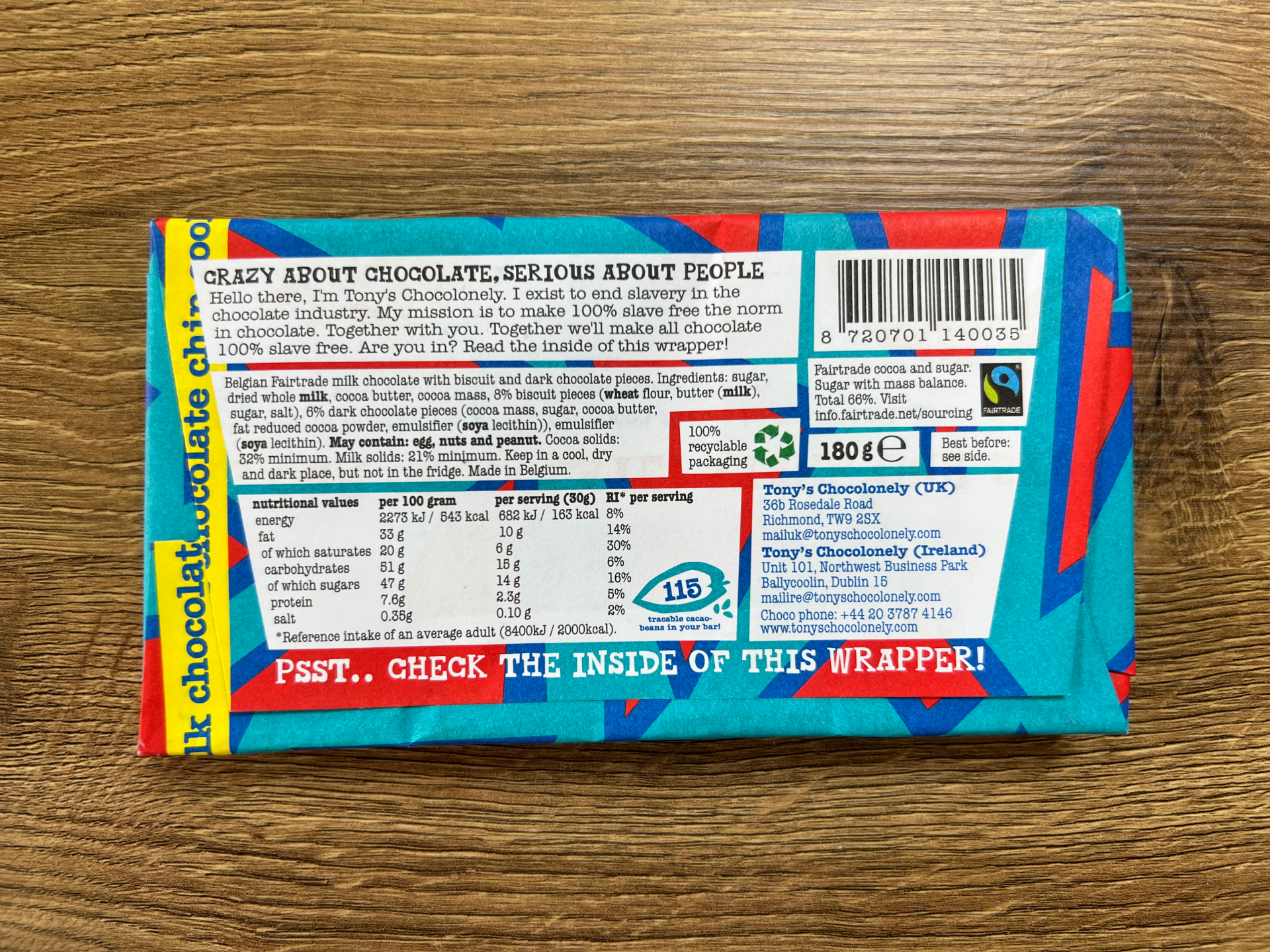Tony's Chocolonely Milk Choc Chip Cookie 32% Chocolate Bar 180g - Image 2