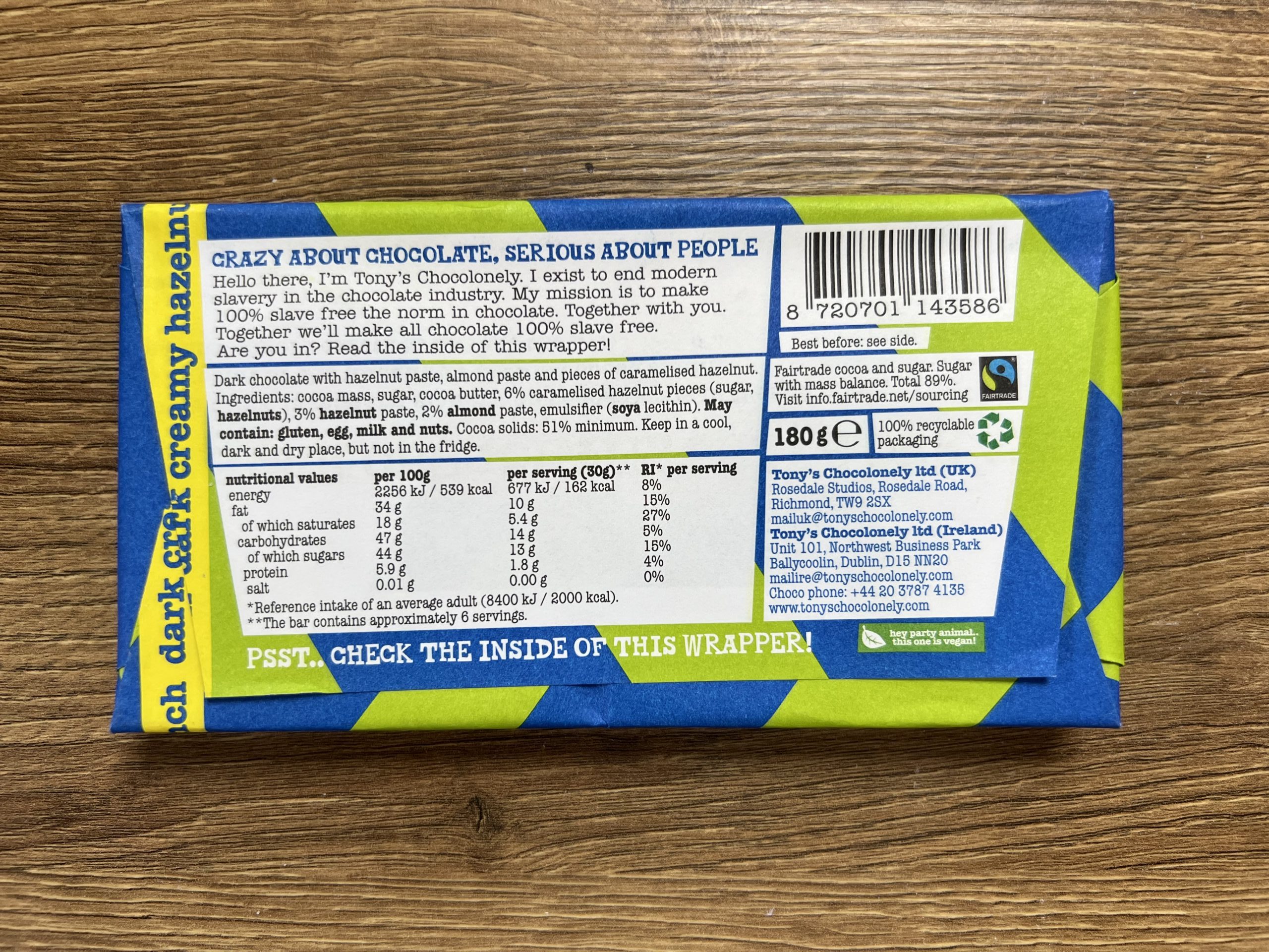 Tony's Chocolonely Dark Creamy Hazelnut Crunch new vegan bar back